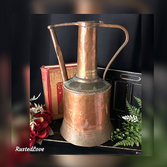 Antique Copper Pitcher / Copper Metal Hand Made Pitcher/ Stamped Copper Decorative Watering Can / OLD 1800's Decorative Copper Overlay