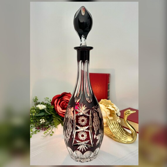 Elegant Bohemian Dark Ruby Red Cut to Clear Nachtmann Crystal Decanter 15.5"