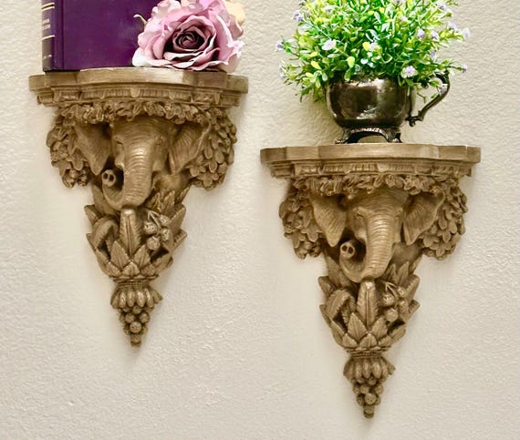 Elephant Wall Sconces Pair Candle Holders Decorative Shelves Gold Brown