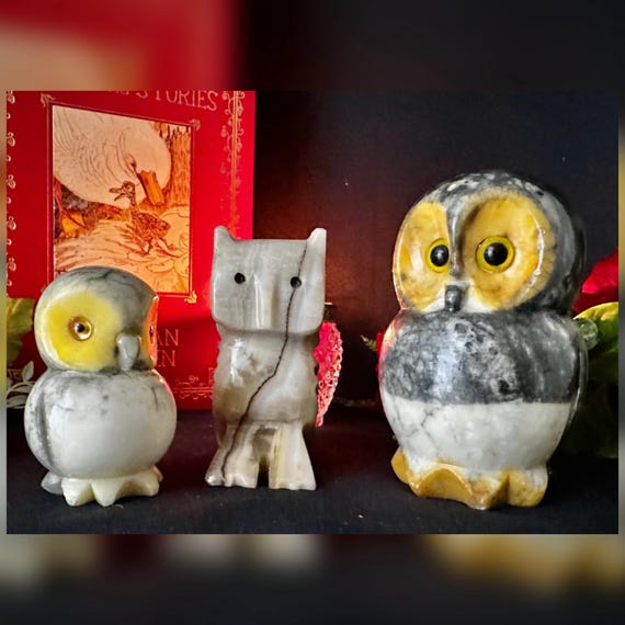 Vintage Handcrafted Alabaster Owl Figurines, Set of 4