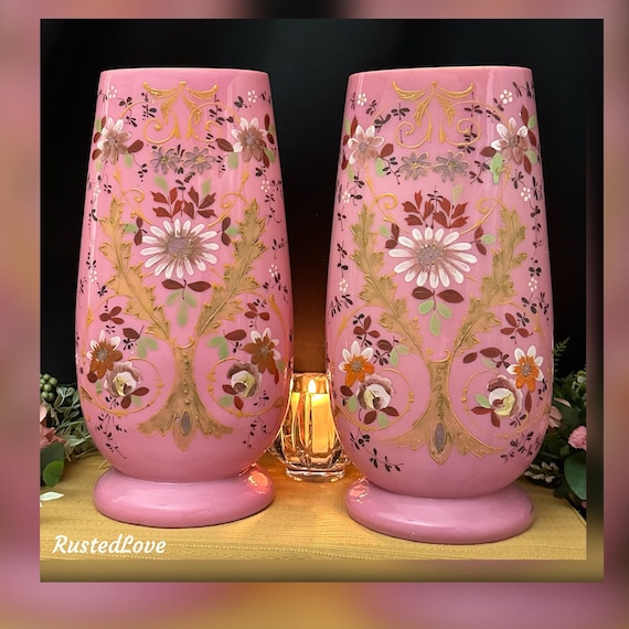 Continental Bristol Pink Vases / Hand Painted Bristol Vases / Large Vases / Pink Bristol Vases / Vintage 19th Century Bristol Glass Vases 2