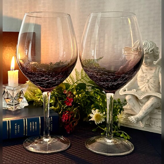 Pier 1 Purple Crackle Glass Wine Glasses / Large Pier 1 Crackle Wine Glasses / Amethyst Crackle Pier 1 Glasses / 18 Oz Pier 1 Glasses - 2