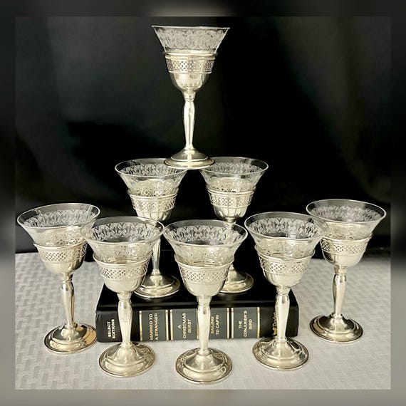 Sterling Silver Cordials / Silver Cups with Glass Inserts / Elgin Sterling Silver Cups / Silver Cordial Cups / Sterling Liquor Cordials - 8