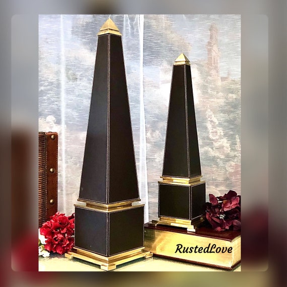 Vintage OBELISKS / Decorative Crafts Obelisks / Brass and Leather Obelisks / Mid Century Modern Home Decor / Obelisks Statues / Office Decor