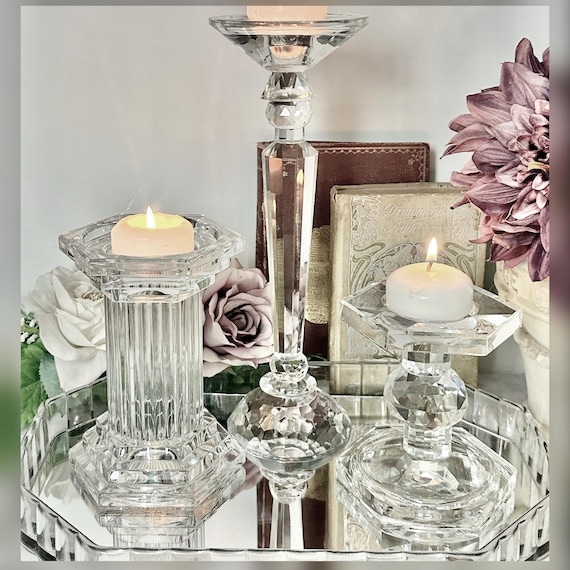 Crystal Candle Holders Set of 3 Waterford Marquis Lead Crystal Pillar Holders