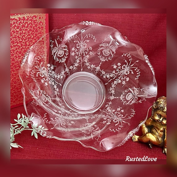 Vintage Heisey Bowl / Heisey Orchid Bowl / 12" Crimped Round Bowl / Crafted USA 1940's / Vintage Heisey Etched Glass Bowl / Orchid by Heisey