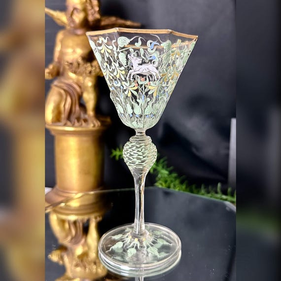Moser Salvati Canine & Foliate Wine Glass / Salvati Hand Painted Enameled Glass / 1900's Antique Gold Trimmed Glass / Canine and Folaite