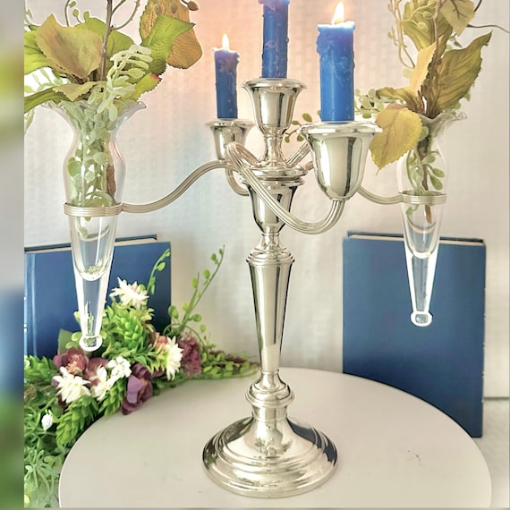 Sterling Silver Candelabra Gorham Epergene  / Sterling Silver Candelabra with 2 Glass Vases / Rare Sterling Gorham Epergene Candelabra