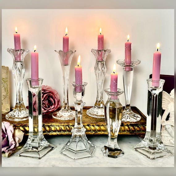 Vintage Crystal Glass Candlesticks Set of 8, Mixed Taper Candle Holders, Wedding Table Decor