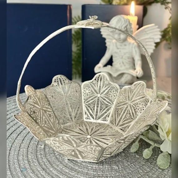 Sterling Silver Filigree Basket / Handmade Sterling Silver Jewelry Trinket Basket / Handled Sterling Silver Bon Bon Basket / Sterling Basket