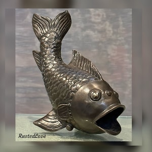 Bronze Koi Fish Statue / Vintage Decorative Gold Fish Statue /  Antiqued Brass Bronze Lucky Koi Sculpture / Bronze Koi Fish large Vase