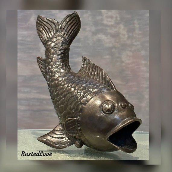 Bronze Koi Fish Statue / Vintage Decorative Gold Fish Statue /  Antiqued Brass Bronze Lucky Koi Sculpture / Bronze Koi Fish large Vase