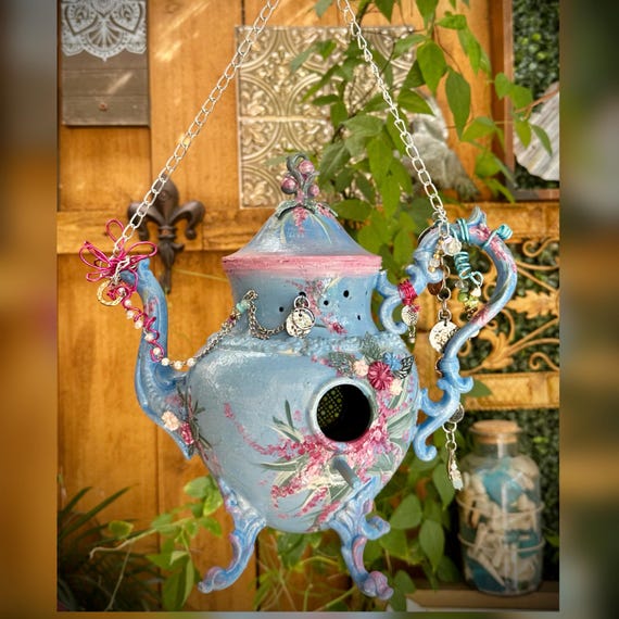 Vintage Tea Pot Bird House / Hand Painted BoHo Hanging Bird House / Hand Crafted Blue & Pink Bird House / Hanging Vintage Tea Pot Bird House
