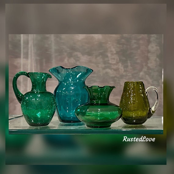 Vintage Greens Crackle Glass Mini Pitchers / HAND Blown Set Of 4 Vases / Crackle Mini Glass Vases / Small Green Bud Vases  / Vintage Vases