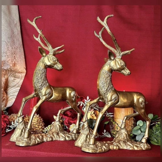 Vintage Solid Brass Deer Pair Stag Figurines Mid Century Decor