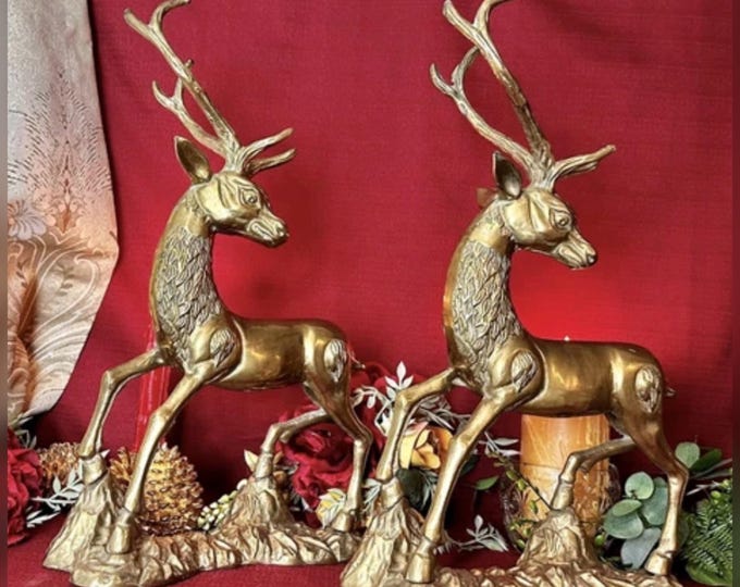 Vintage Solid Brass Deer Pair Stag Figurines Mid Century Decor