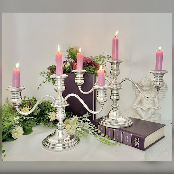 Gorham Pilgrim Sterling Silver Candelabra Pair 3 Light Candle Holders Vintage Elegant Wedding Decor