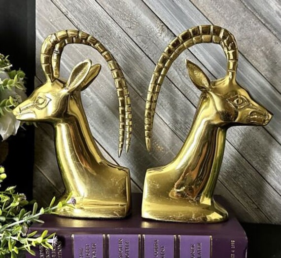 エレファントヘッド・爬虫類型ブックエンド・ゴールド花形置物 Vintage Brass Ibex Bookends, Hollywood Regency Decor - Etsy