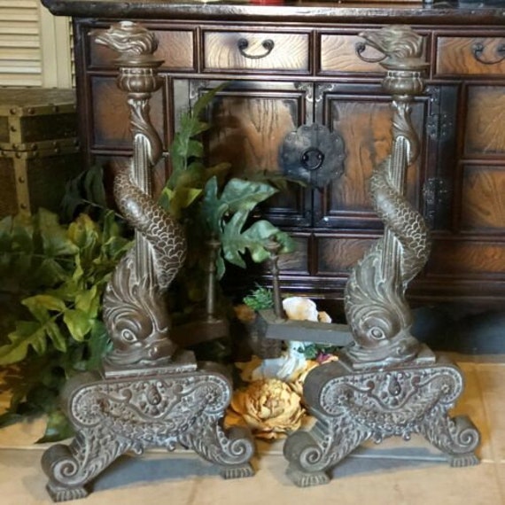 Antique Bronze Andirons / Dolphin Fireplace Firedogs / Fireplace Accessory / Vintage Large Andirons / For the Home / Oriental Fish Andirons