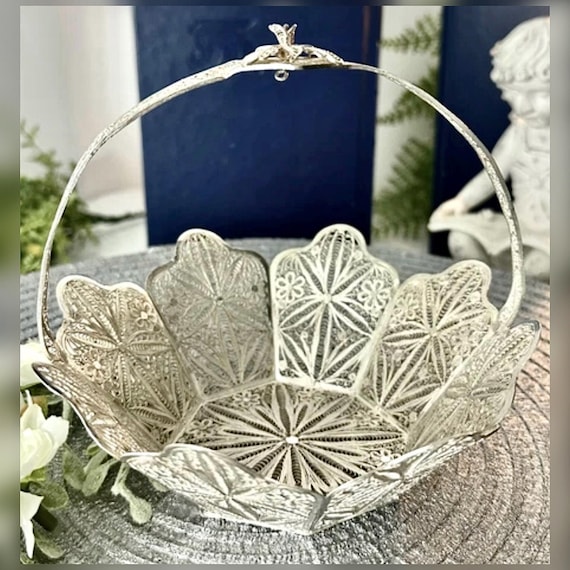Vintage Peruvian Silver Filigree Basket Handled Bowl Wirework Candy Dish Decorative Bowl