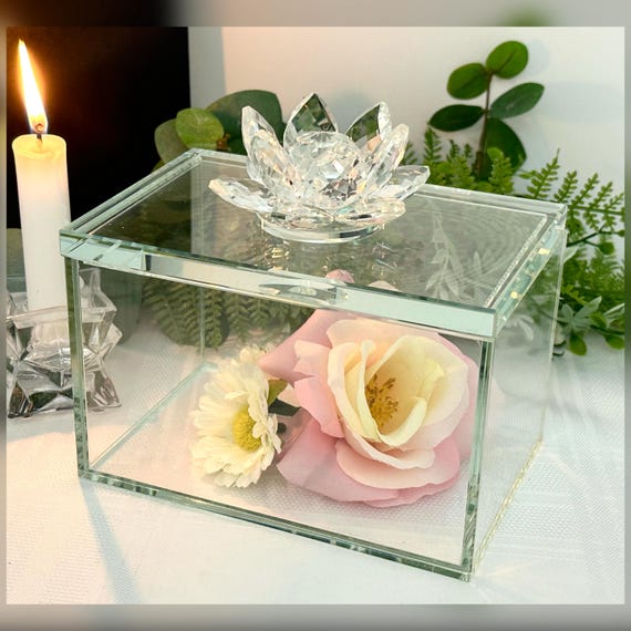 Decorative Glass Trinket Storage Box / Crystal Lotus Flower Keepsake Box / Jewelry Clear Glass Container / Elegant Trinket Jewelry Box