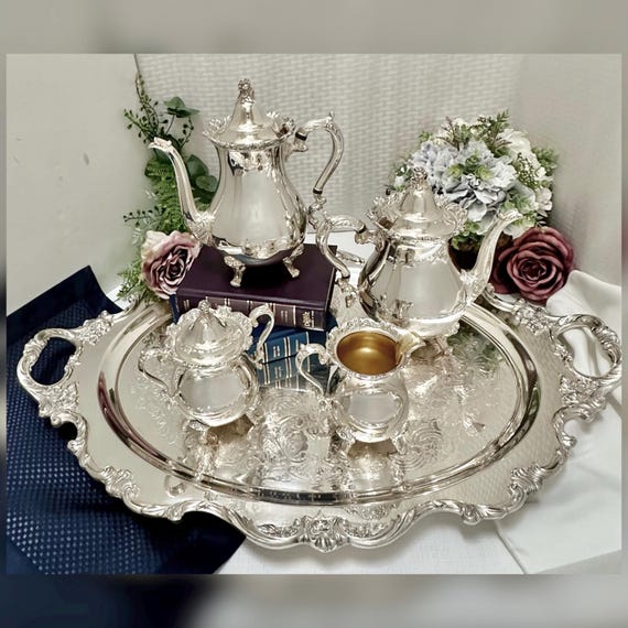 Wallace Royal Rose Silverplate Tea Coffee Service Set Tray Vintage Silver Plate Butler Tray