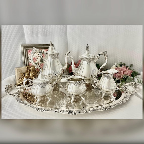 Wallace Baroque Silver Plate Tea Coffee Set  w Tray Silverplate 6 pc
