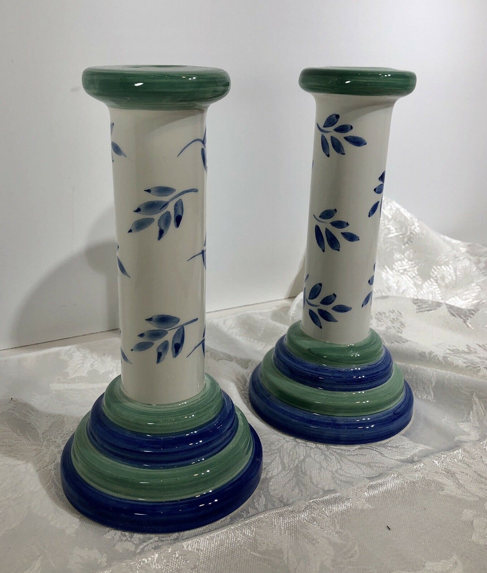 Candle Holders Set of 2 From Portugal Hand Painted Blue White Etsy