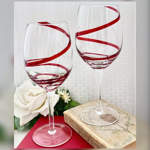 Vintage Pier 1 Swirline Water Goblets - Red Ribbon Design, Set of 2