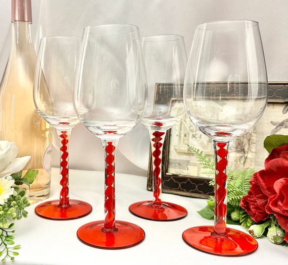 Wine Glasses / Red Swirl Ribbon Wine Glasses /blown Glass Wine