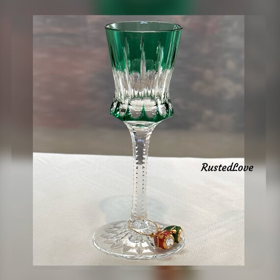 Faberge Green Cordial Na Zdorovye / Faberge Blown Cut to Clear Cordials / 2 Faberge Egg Wine Charms / Na Zdorovye Faberge Cordial Glass - 1