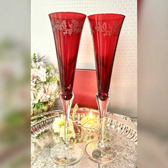 Lenox Holiday Gems Red Champagne Flutes / Lenox Christmas Holly Champagne Glasses / Holiday Gems Lenox Red Champagne Toasting Glasses