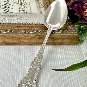 May include: A polished silver-tone metal spoon featuring an ornate, embossed floral and scrollwork pattern along the handle. The spoon has a smooth, reflective oval bowl and a decorative, flared end with intricate detailing on the handle surface.