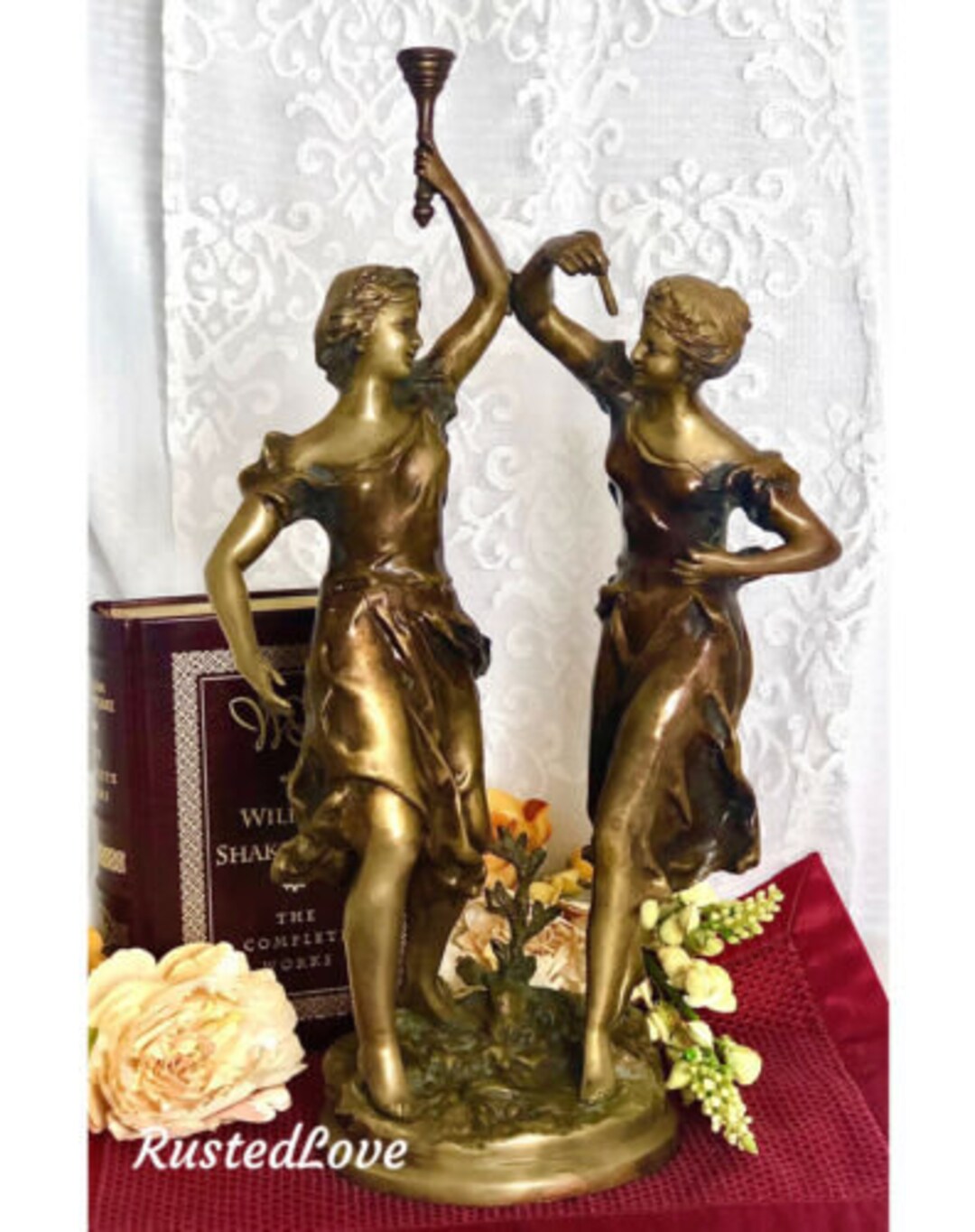 Statue Régule Courtisane Au Bouquet Sur Socle Bois - Style E. Rancoulet, 23cm, Originale Française Décorative