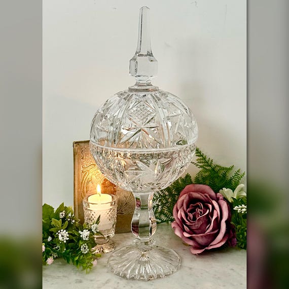 Vintage Lead Crystal Covered Candy Bon Bon Dish 16 Inch Spire Finial Hollywood Glam