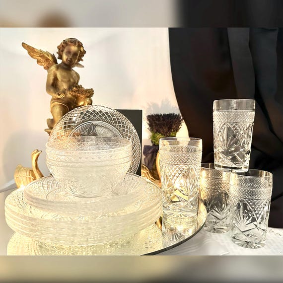 Antique Clear Dishes Cristal D'Arques-Durand / Vintage Antique Clear Plates Bowls Glasses / Cristal D'Arques Durand Antique Clear / 16 Pc