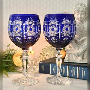 Bohemian Cobalt Blue Wine Glasses / Blue  Cut to Clear Wine Glasses / Vintage Bohemian Blue Wine Goblets / Bohemian Cobalt Blue Wine Glasses