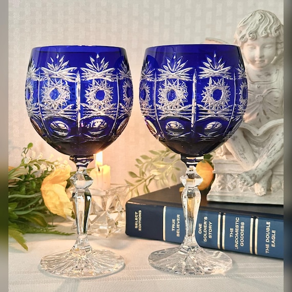 Bohemian Cobalt Blue Wine Glasses / Blue  Cut to Clear Wine Glasses / Vintage Bohemian Blue Wine Goblets / Bohemian Cobalt Blue Wine Glasses
