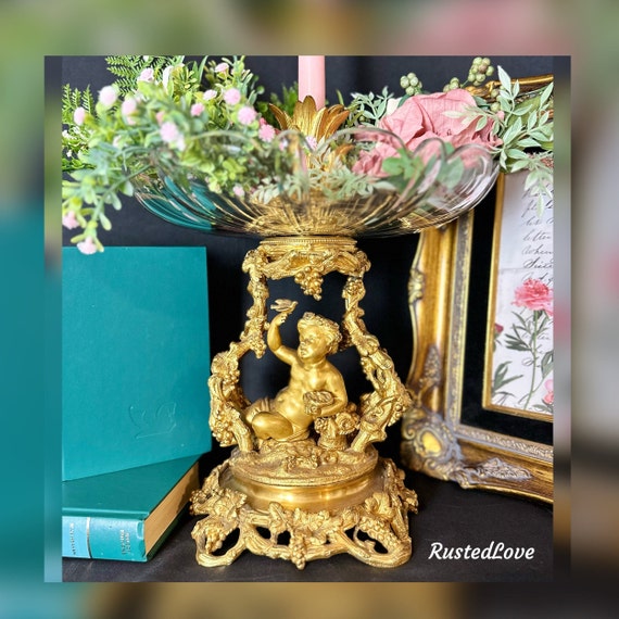 Antique Baroque Centerpiece Bowl / Brass Cherub Flower Bowl / Vintage Centerpiece Candle Holder / Rocco Italian Crystal Bowl / Table Decor