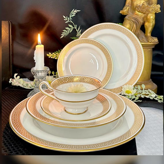 Spode Honeycomb Gold Rimmed Dinner Set / Vintage Spode Gold Honeycomb Dinner Service Set / Spode Plates, Bowl, Tea Cup- 6 Piece Set /