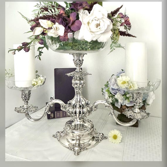 Silver Plated Candelabra Epergene Reed and Barton / Silver Plated Epergene w/ Original Glass Liners / Reed and Barton #165 Victorian Styled