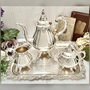 Wallace Baroque Silverplate Coffee Service with Tray Coffee Pot Sugar Creamer