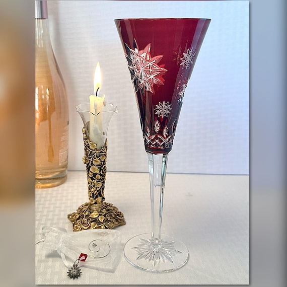Waterford Crystal Snowflake Champagne Flute / Waterford Snowflake Joy Ruby Red Champagne Glass / Waterford Snowflake Flute W/ Charm & Box -1