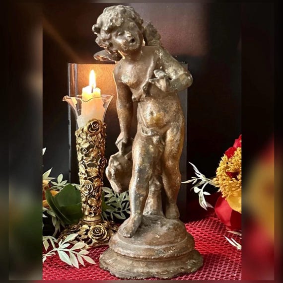 Antique Cherub Putti Cupid Bronze Finish Metal Statue European Figure 10 Inch