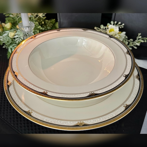 Mikasa Golden Shell Vegetable Bowl / Golden Shell Round Bowl & Chop Plate / Golden Shell Vegetable Bowl / Mikasa Gold Trimmed Chop Plate