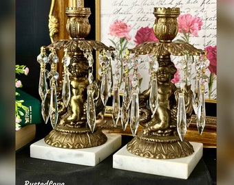 Vintage Hollywood Regency Candle Holders / Koi Fish Brass Candlesticks / Hanging Crystal Candle Holders / Vintage Cherub Candle Holders