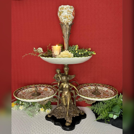 Vintage Castilian Imports Rococo Eperene Centerpiece / Lrg Brass & Porcelain  Centerpiece / Flower Vase Centerpiece / Castilian Imports Vase