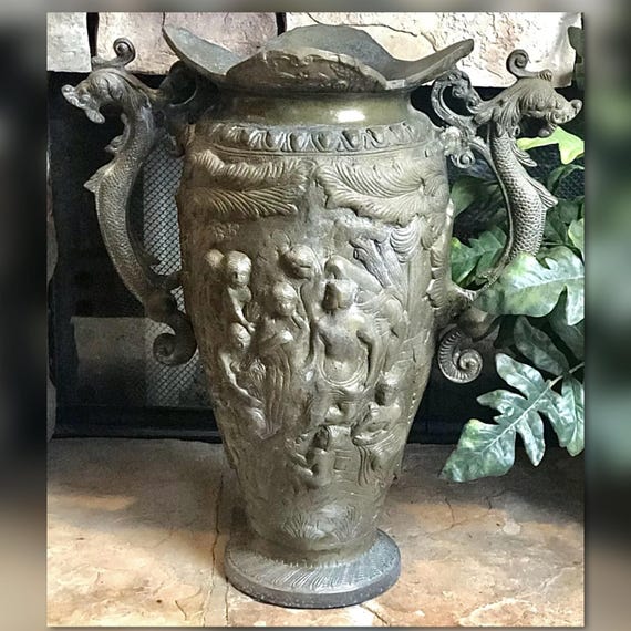 Floor Vase Neoclassical Metal Urn / Decorated Dragon Floor Vase / Cherub Decorated Floor Urn / Vintage Vase Home Decor / Large Metal Vase