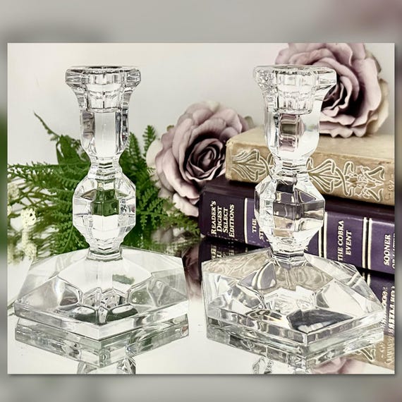 Val St Lambert Gardenia Crystal Candlesticks Pair Belgian Crystal Candle Holders