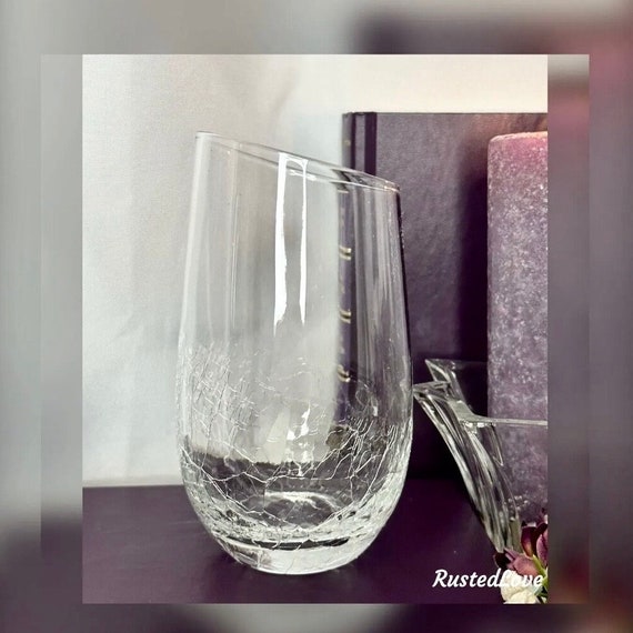 Pier 1 Crackle Angled Rim Tall Tumbler Glass / Crackle Pier 1 Tumbler Glass / Pier 1 Clear Vintage Crackle Glass / Vintage Pier 1 Glass - 1